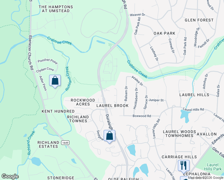 map of restaurants, bars, coffee shops, grocery stores, and more near 4629 Timberhurst Drive in Raleigh