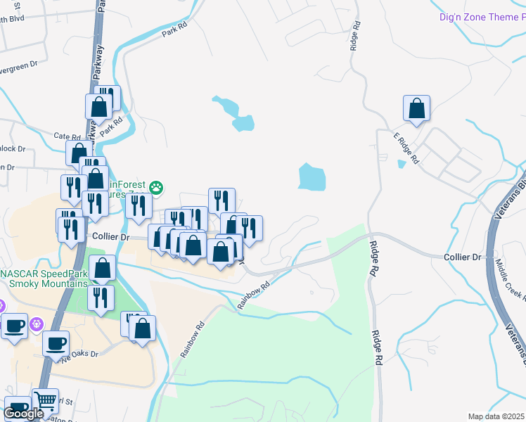 map of restaurants, bars, coffee shops, grocery stores, and more near 225 Collier Drive in Sevierville