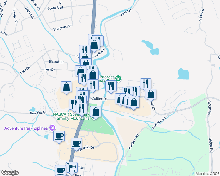 map of restaurants, bars, coffee shops, grocery stores, and more near 1410 Hurley Drive in Sevierville