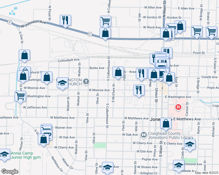 map of restaurants, bars, coffee shops, grocery stores, and more near 650 West Monroe Avenue in Jonesboro