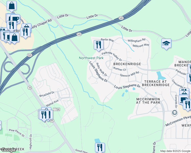 map of restaurants, bars, coffee shops, grocery stores, and more near 413 Walnut Woods Drive in Morrisville