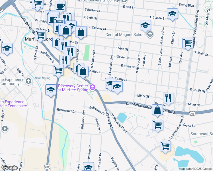 map of restaurants, bars, coffee shops, grocery stores, and more near 610 South Highland Avenue in Murfreesboro