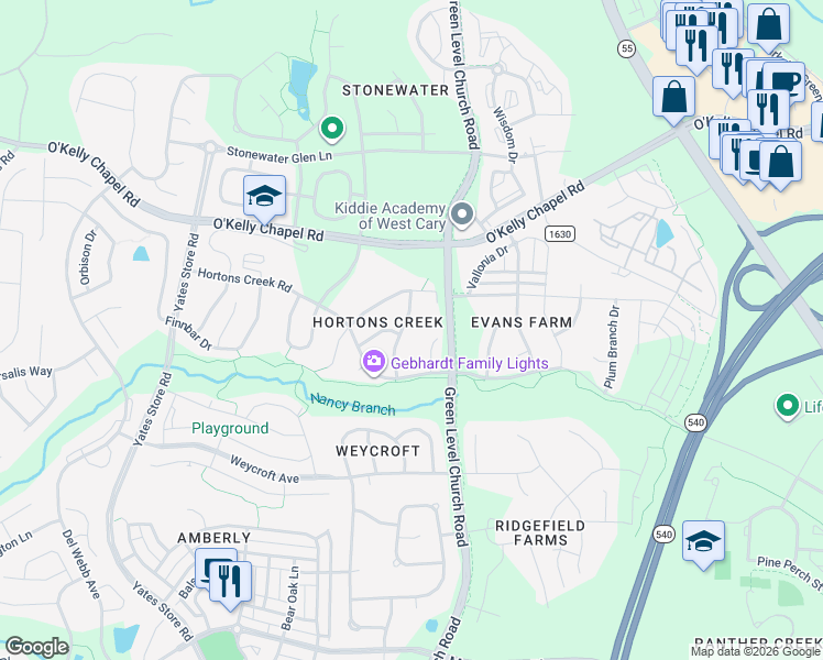 map of restaurants, bars, coffee shops, grocery stores, and more near 402 Village Orchard Road in Cary