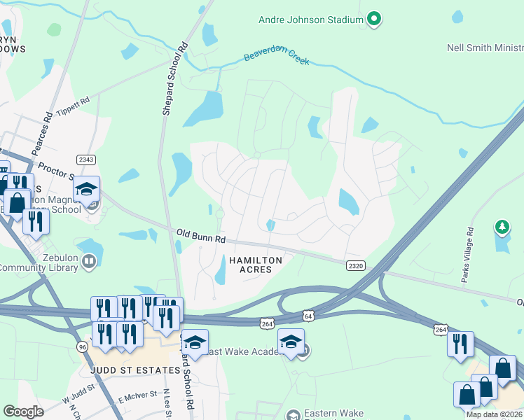 map of restaurants, bars, coffee shops, grocery stores, and more near 209 Brisk Drive in Zebulon