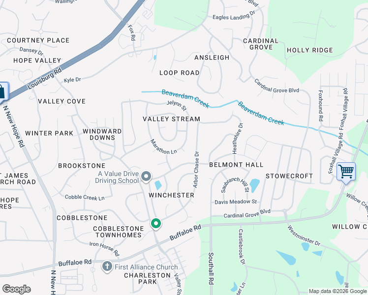 map of restaurants, bars, coffee shops, grocery stores, and more near 4801 Kaycee Court in Raleigh