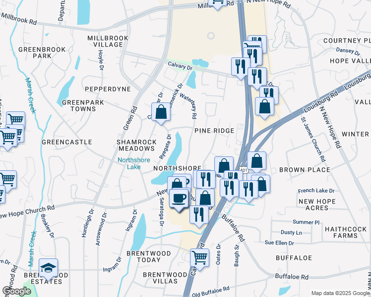 map of restaurants, bars, coffee shops, grocery stores, and more near 4313 Waterbury Road in Raleigh