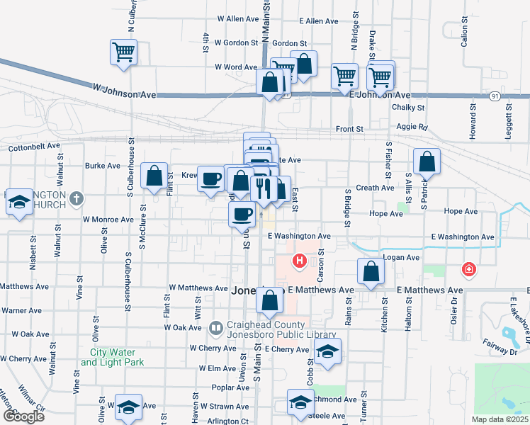 map of restaurants, bars, coffee shops, grocery stores, and more near 322 South Main Street in Jonesboro