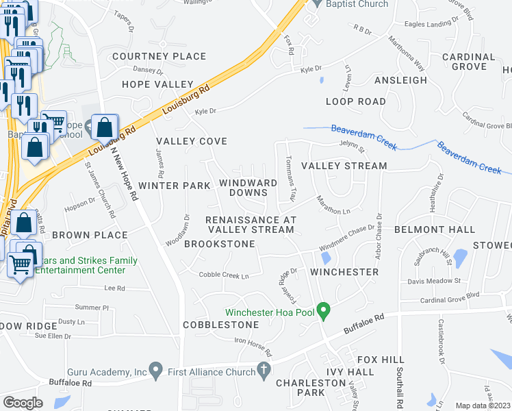 map of restaurants, bars, coffee shops, grocery stores, and more near 4717 Windbreak Lane in Raleigh
