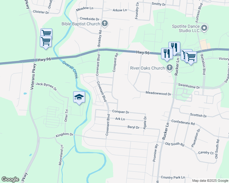 map of restaurants, bars, coffee shops, grocery stores, and more near 385 Conquest Road in Murfreesboro