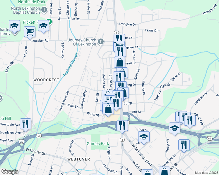 map of restaurants, bars, coffee shops, grocery stores, and more near 267 Broad Street in Lexington