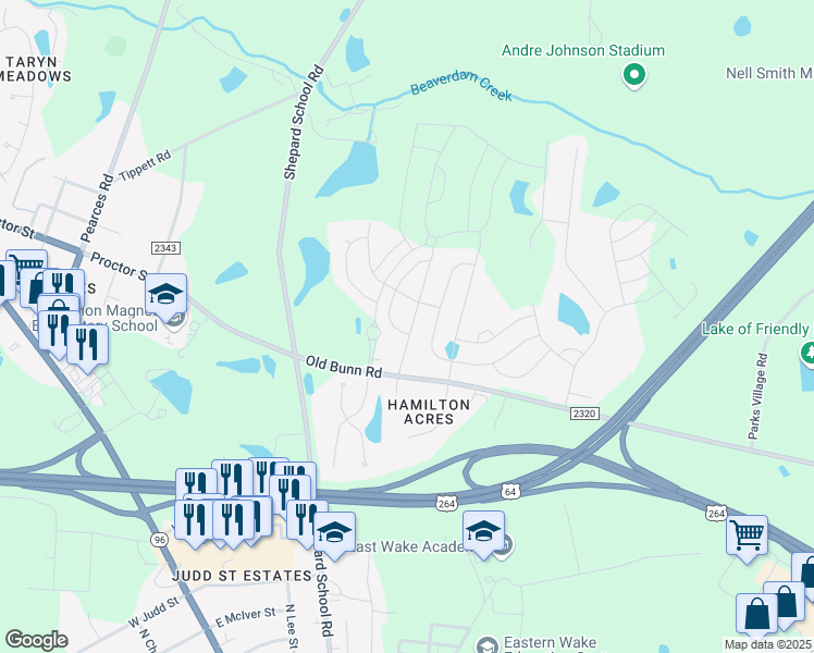 map of restaurants, bars, coffee shops, grocery stores, and more near 100 Quincy Meadow Avenue in Zebulon