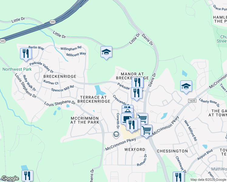 map of restaurants, bars, coffee shops, grocery stores, and more near 505 Crescendo Drive in Morrisville