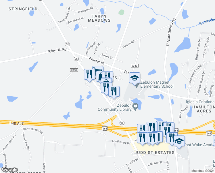map of restaurants, bars, coffee shops, grocery stores, and more near 106 Pearces Road in Zebulon