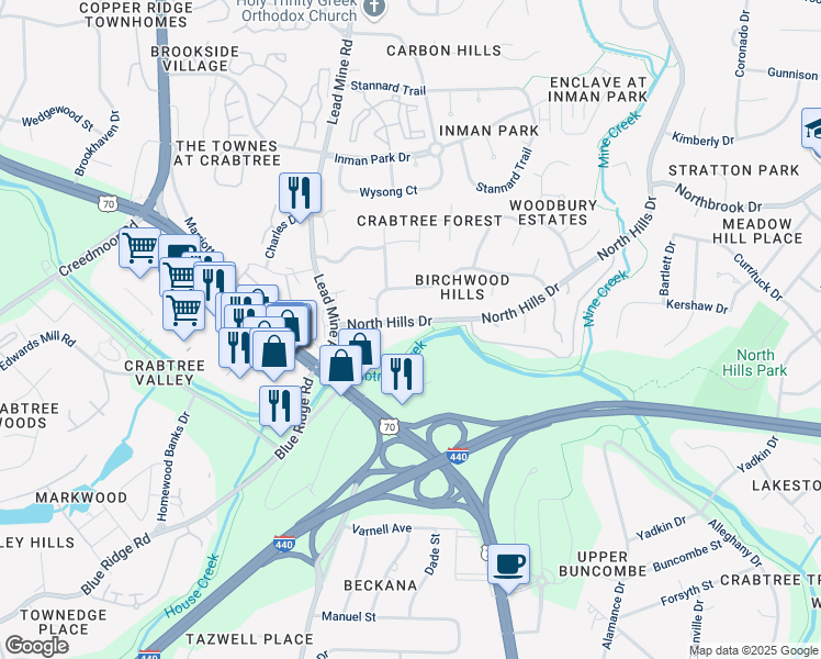 map of restaurants, bars, coffee shops, grocery stores, and more near 2105 North Hills Drive in Raleigh