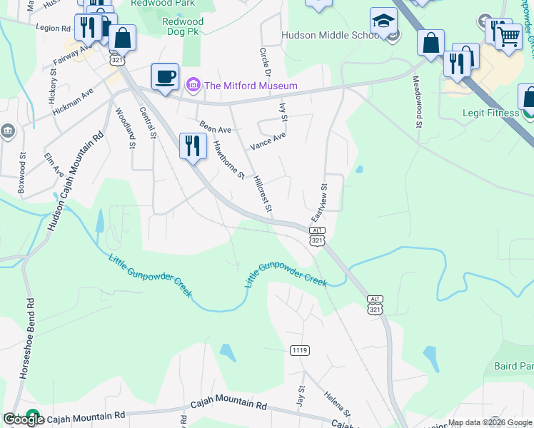 map of restaurants, bars, coffee shops, grocery stores, and more near 674 Hillcrest Street in Hudson