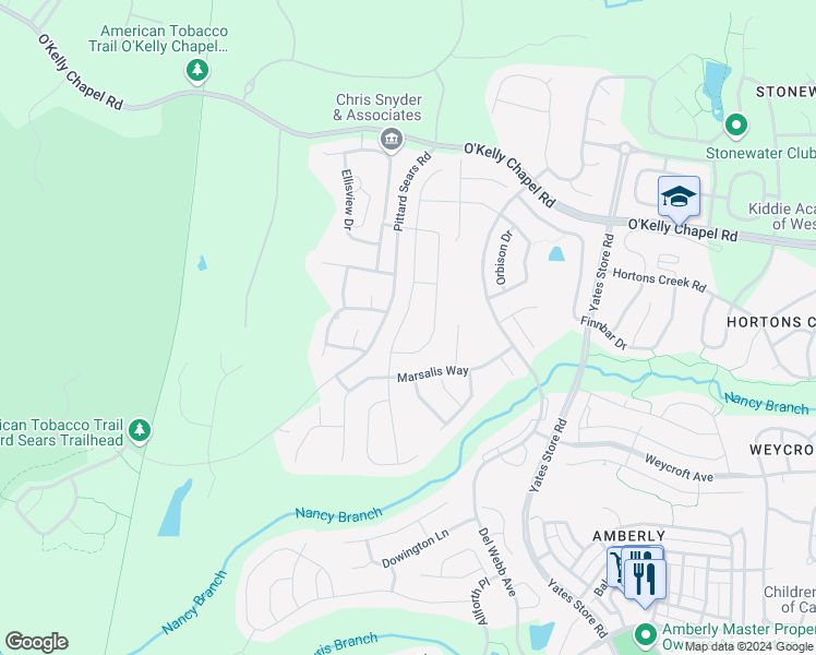 map of restaurants, bars, coffee shops, grocery stores, and more near 126 Abbey View Way in Cary