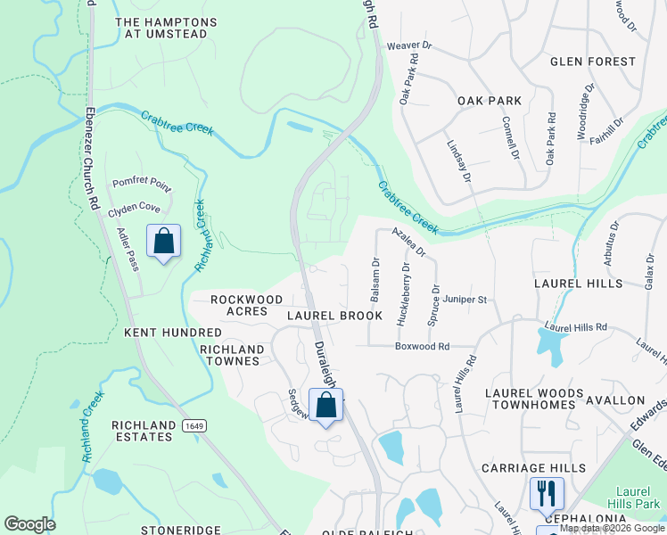 map of restaurants, bars, coffee shops, grocery stores, and more near 4629 Timberhurst Drive in Raleigh