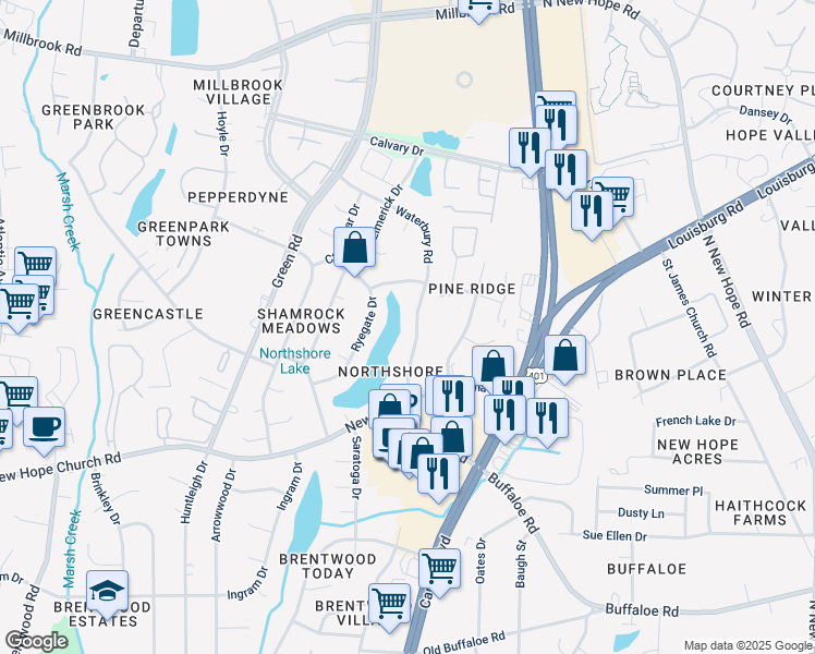 map of restaurants, bars, coffee shops, grocery stores, and more near 4313 Waterbury Road in Raleigh