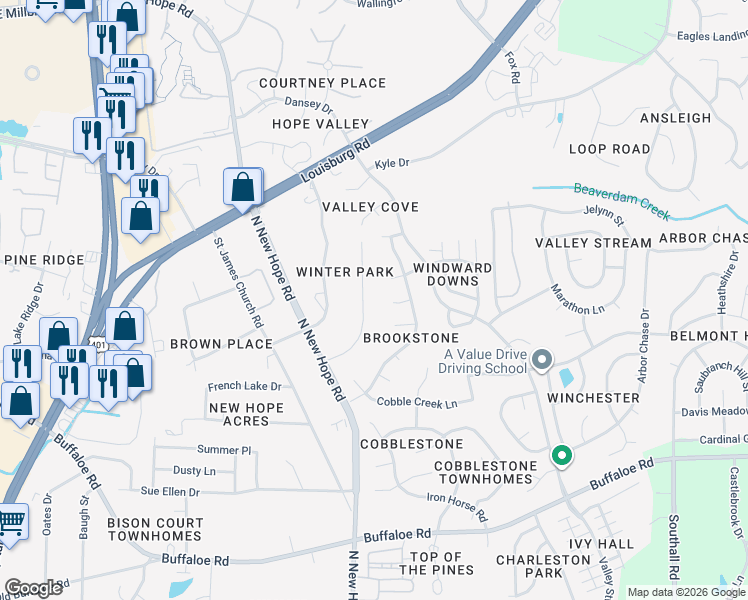 map of restaurants, bars, coffee shops, grocery stores, and more near 4304 Woodlawn Drive in Raleigh