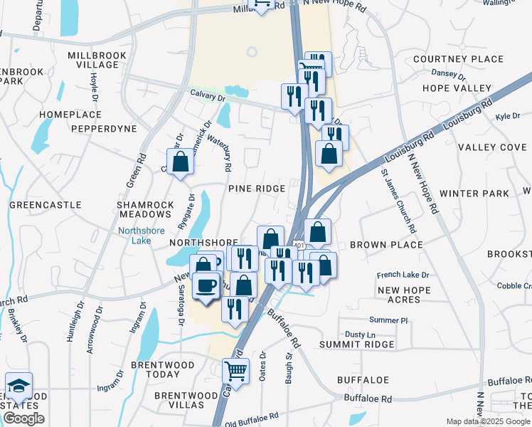 map of restaurants, bars, coffee shops, grocery stores, and more near 4303 Bona Court in Raleigh