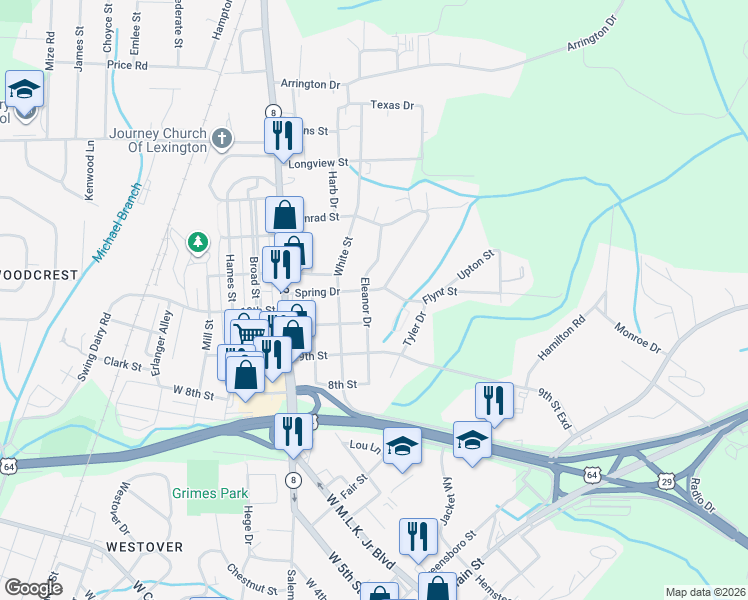 map of restaurants, bars, coffee shops, grocery stores, and more near 1011 Eleanor Drive in Lexington