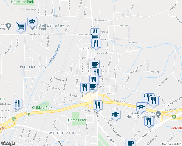 map of restaurants, bars, coffee shops, grocery stores, and more near 267 Broad Street in Lexington