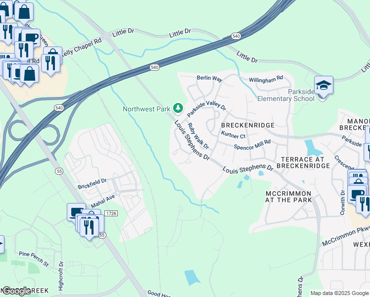 map of restaurants, bars, coffee shops, grocery stores, and more near 405 Walnut Woods Drive in Morrisville