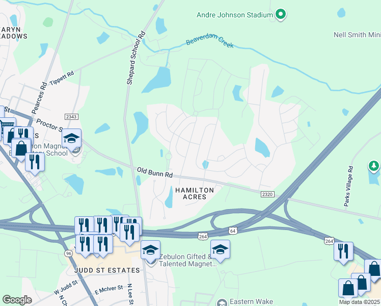map of restaurants, bars, coffee shops, grocery stores, and more near 640 Kenyon Spring Drive in Zebulon