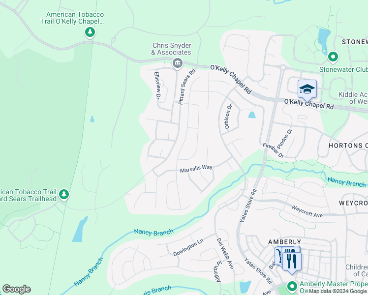 map of restaurants, bars, coffee shops, grocery stores, and more near 126 Abbey View Way in Cary