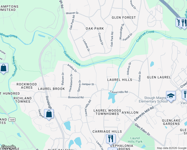 map of restaurants, bars, coffee shops, grocery stores, and more near 4113 Picardy Drive in Raleigh