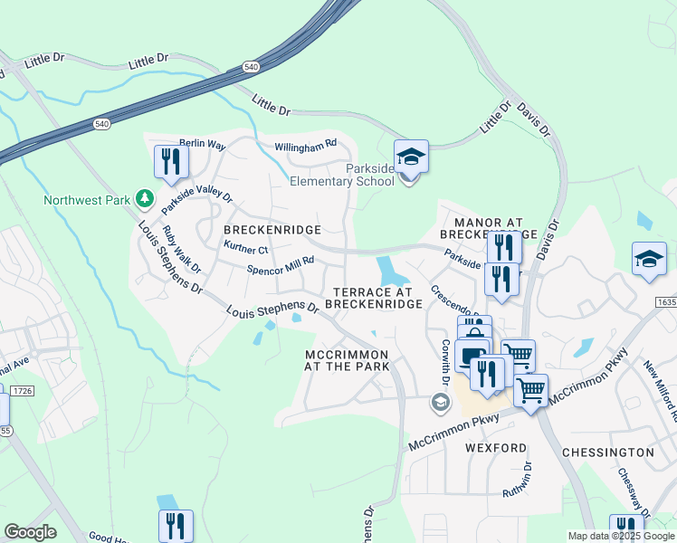 map of restaurants, bars, coffee shops, grocery stores, and more near 200 Redwood Park Drive in Morrisville