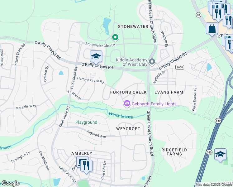 map of restaurants, bars, coffee shops, grocery stores, and more near 504 Summer Harvest Court in Cary