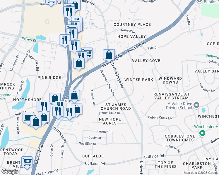 map of restaurants, bars, coffee shops, grocery stores, and more near 4307 Saint James Church Road in Raleigh