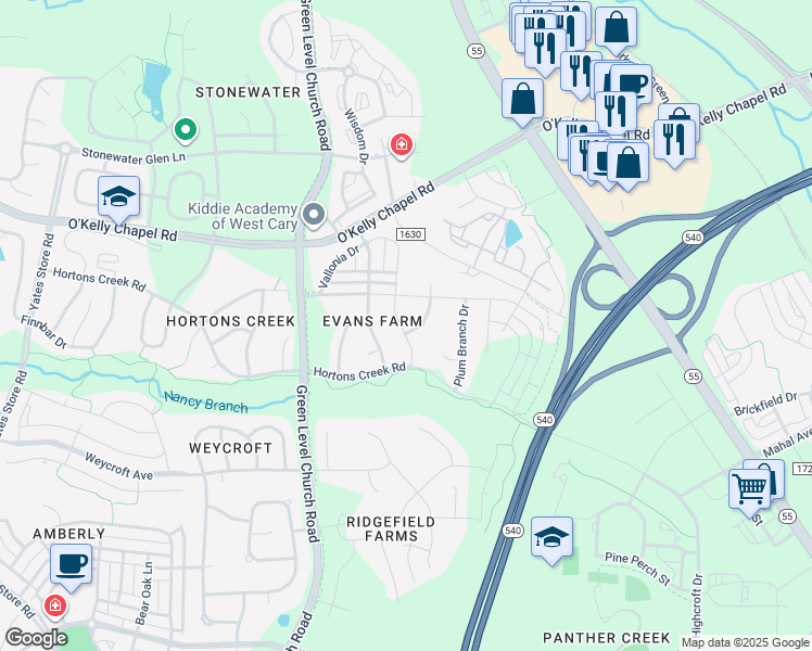 map of restaurants, bars, coffee shops, grocery stores, and more near 4105 Collamer Drive in Cary