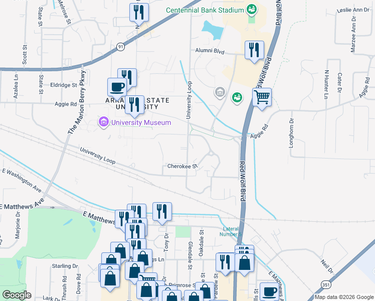 map of restaurants, bars, coffee shops, grocery stores, and more near 103 Robinson Street in Jonesboro