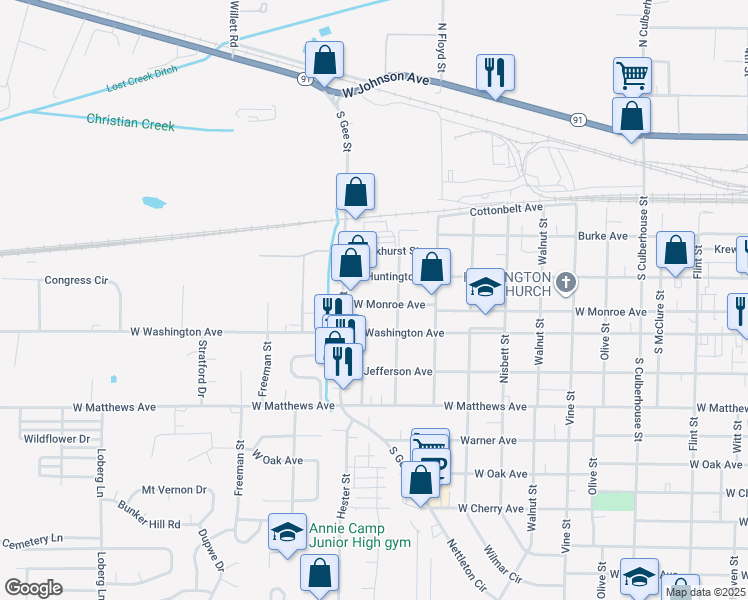 map of restaurants, bars, coffee shops, grocery stores, and more near 1416 West Monroe Avenue in Jonesboro