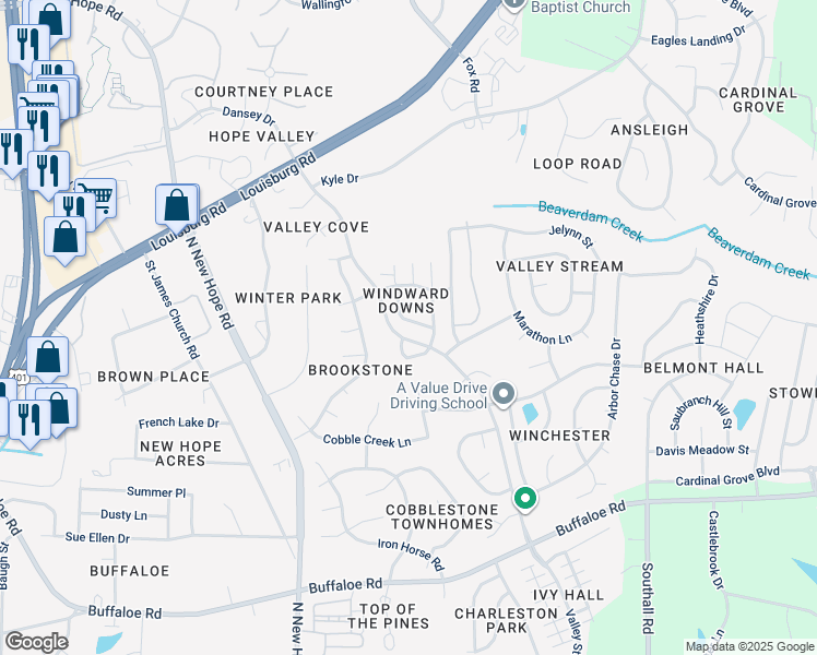 map of restaurants, bars, coffee shops, grocery stores, and more near 4729 Windbreak Lane in Raleigh