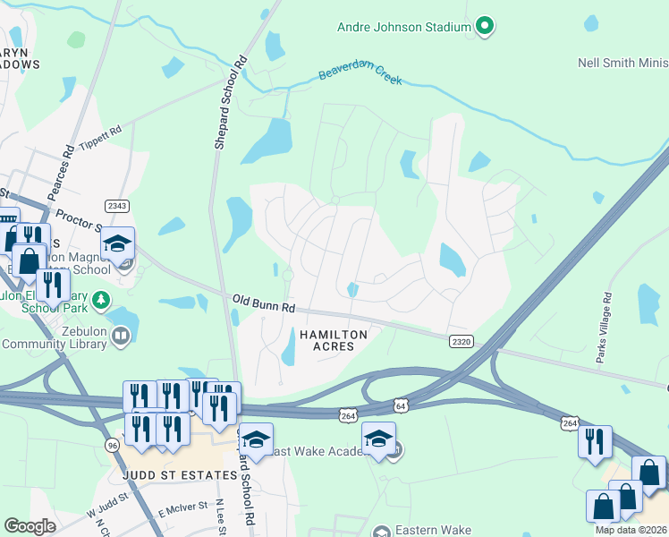 map of restaurants, bars, coffee shops, grocery stores, and more near 209 Brisk Drive in Zebulon