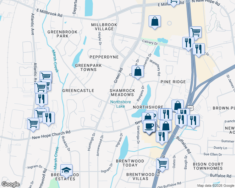 map of restaurants, bars, coffee shops, grocery stores, and more near 4320 Kilcullen Drive in Raleigh