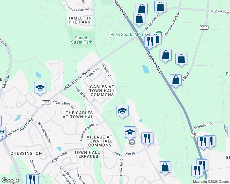 map of restaurants, bars, coffee shops, grocery stores, and more near 600 Courthouse Drive in Morrisville
