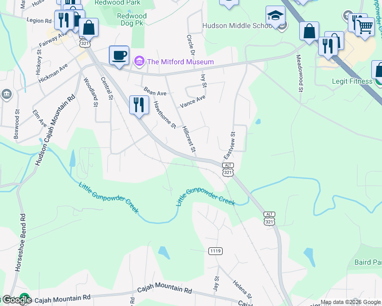 map of restaurants, bars, coffee shops, grocery stores, and more near 674 Hillcrest Street in Hudson