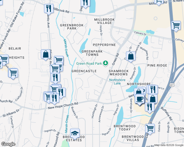 map of restaurants, bars, coffee shops, grocery stores, and more near 4225 Greencastle Court in Raleigh