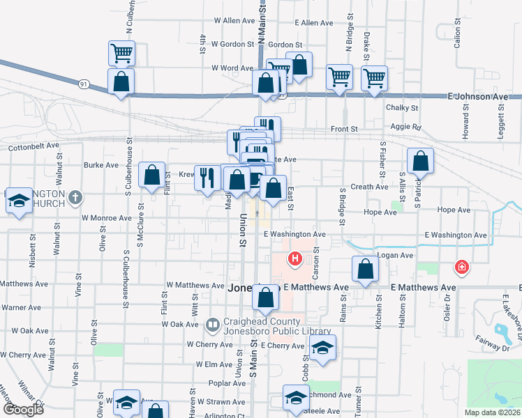 map of restaurants, bars, coffee shops, grocery stores, and more near 318 South Main Street in Jonesboro