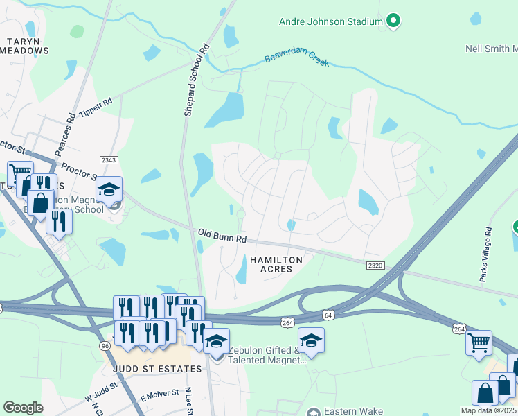 map of restaurants, bars, coffee shops, grocery stores, and more near 100 Quincy Meadow Avenue in Zebulon
