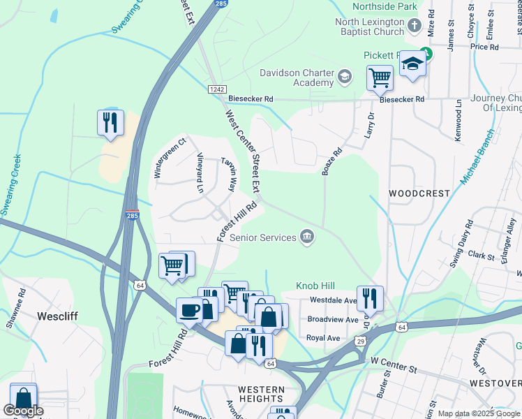 map of restaurants, bars, coffee shops, grocery stores, and more near 695 West Center Street Extension in Lexington