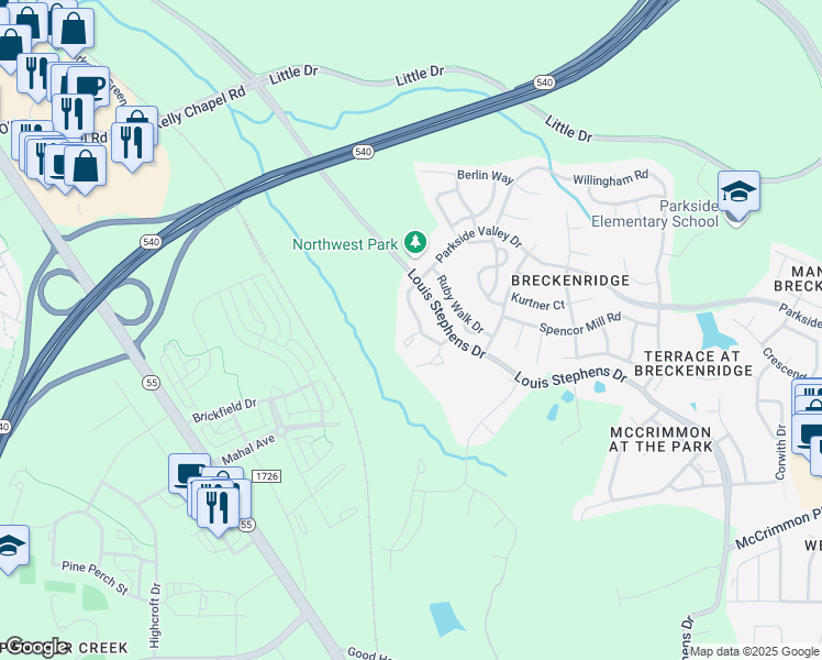 map of restaurants, bars, coffee shops, grocery stores, and more near 104 Hickory Meadow Circle in Morrisville