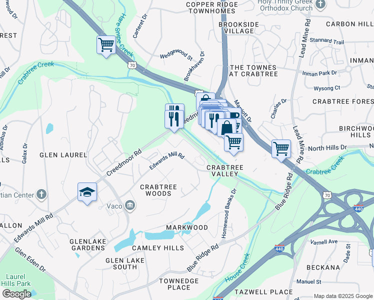 map of restaurants, bars, coffee shops, grocery stores, and more near 4700 Riverwood Circle in Raleigh