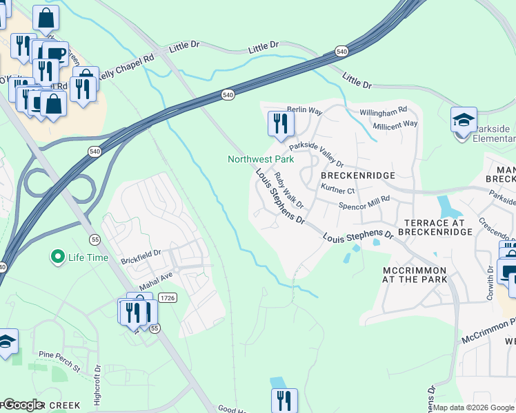 map of restaurants, bars, coffee shops, grocery stores, and more near 104 Hickory Meadow Circle in Morrisville