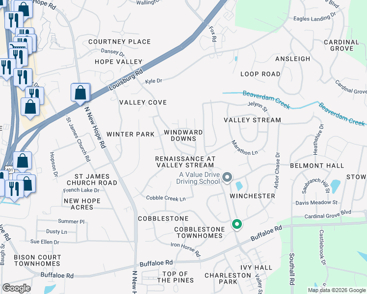 map of restaurants, bars, coffee shops, grocery stores, and more near 4801 Windbreak Lane in Raleigh