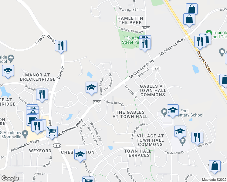 map of restaurants, bars, coffee shops, grocery stores, and more near 5911 McCrimmon Parkway in Morrisville